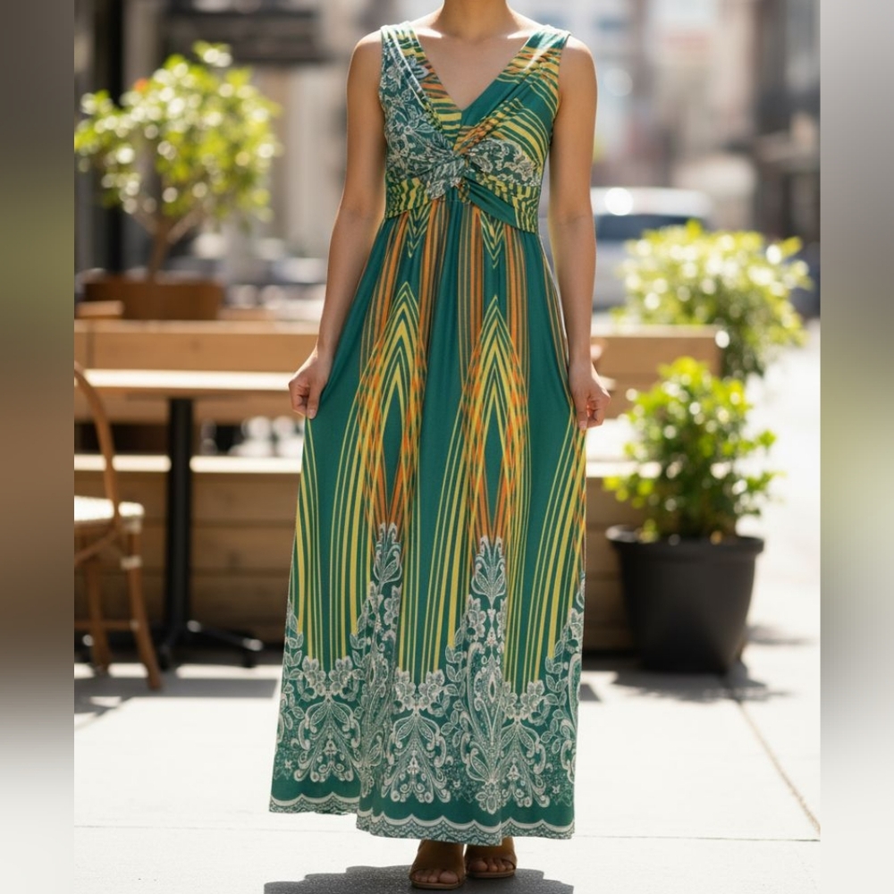 Aris Teal and Yellow Maxi Dress